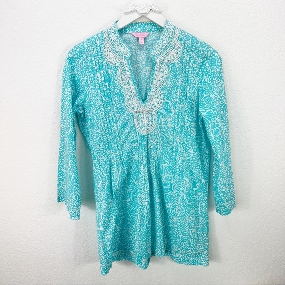 Lilly pulitzer sarasota beaded tunic shorely blue ice cake small S - Picture 2 of 6
